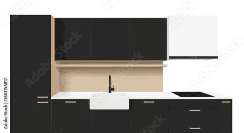 Sleek Black and White Kitchen Design with Modern Appliances Illustration