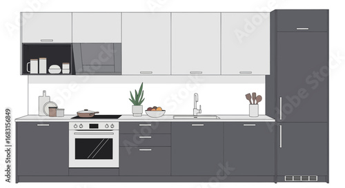 Sleek modern kitchen design with gray and white cabinets, appliances and decor
