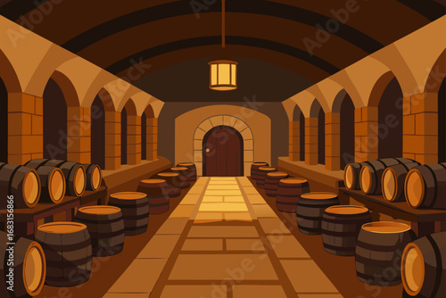 a rustic wine cellar with rows of barrels and dim 