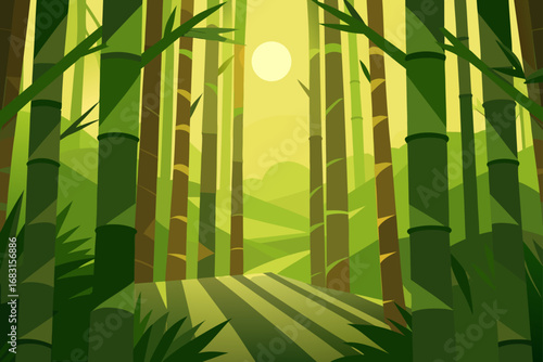 a serene bamboo forest with sunlight filtering thr