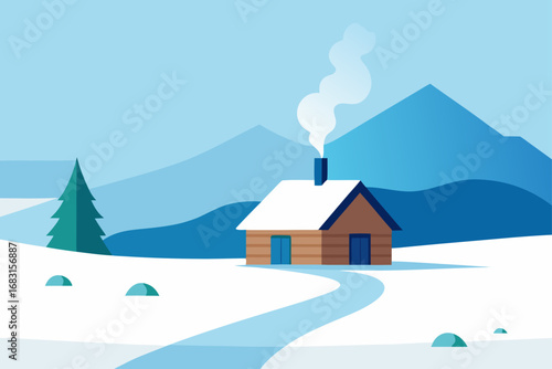 a serene snowy landscape with a lone cabin and smo