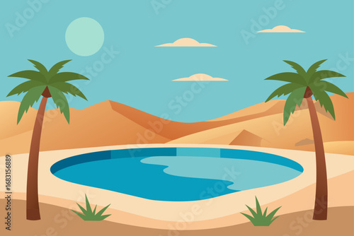 a serene desert oasis with a clear pool and palm t