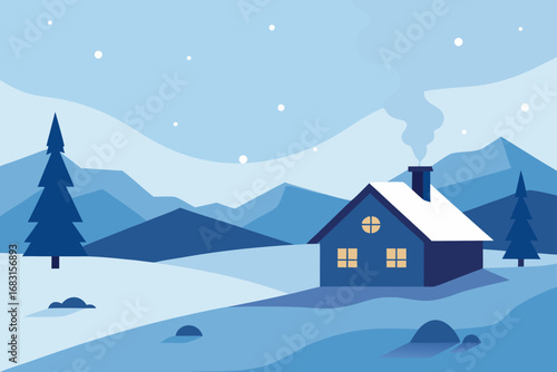 a serene snowy landscape with a lone cabin and smo