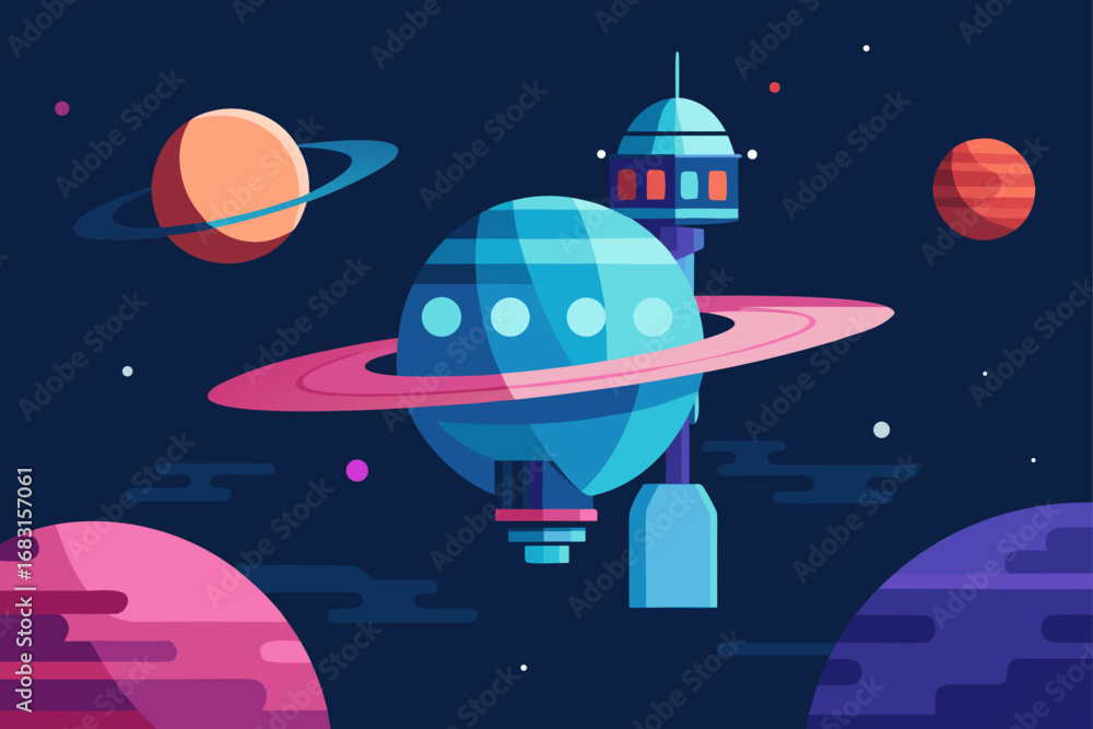 Naklejka premium a futuristic space station orbiting a distant plan