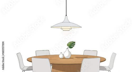 Stylish dining area sketch with round table and pendant lamp illustration