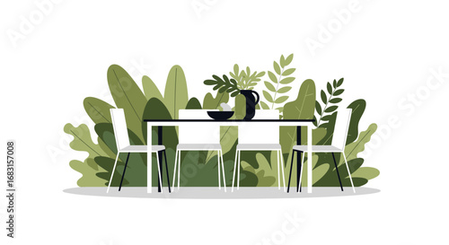 Stylish dining room scene with tropical plant life backdrop, simple design