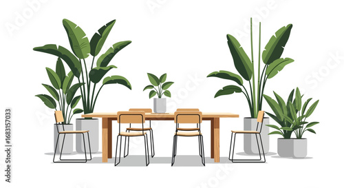 Stylish dining area arrangement with wooden table and tropical foliage