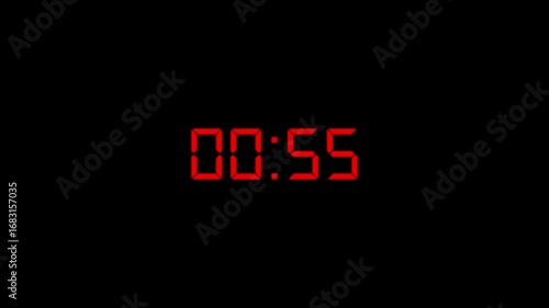 Digital Countdown timer one minute animation from 60 to 0 seconds on transparent background. 1 minutes countdown timer animation. 4k video