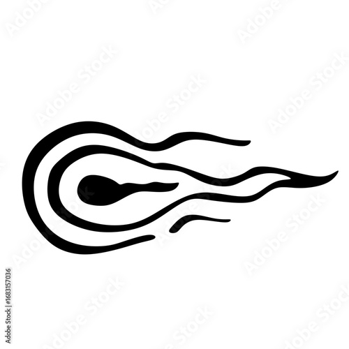 A stylized black and white graphic design resembling a sperm cell with swirling lines and flames.