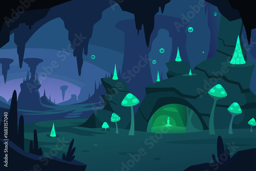 a mysterious underground city lit by bioluminescen