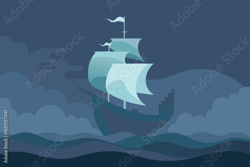 an ethereal ghost ship sailing on a foggy sea  