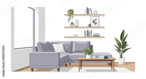 Stylish interior design with a comfortable sofa and modern shelving units
