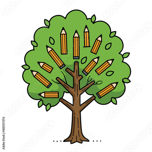 A cartoon tree with a brown trunk and green leaves Pencils replace the leaves