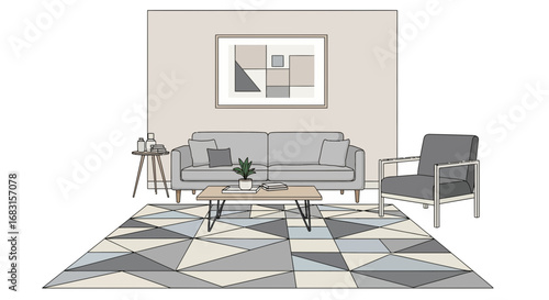 Stylish Living Room Interior with Geometric Rug and Contemporary Furniture