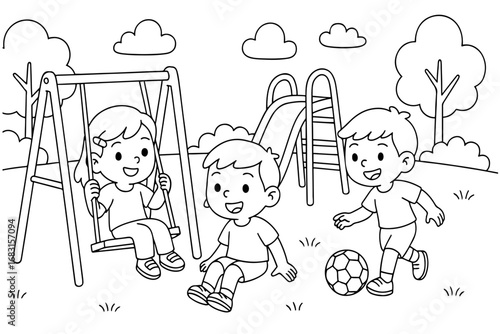 Cute cartoon illustration of kids playing at the playground with a swing, slide, and ball, perfect for a fun coloring book page.