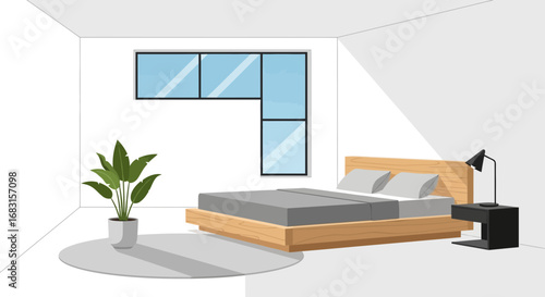 Stylish interior rendering of a bedroom with geometric window arrangement