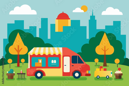 a bustling food truck festival in a city park  