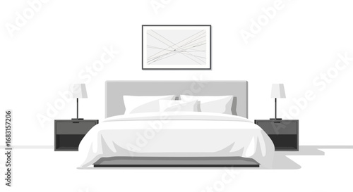 Stylized bedroom arrangement with modern art and bedside lamps furnishing