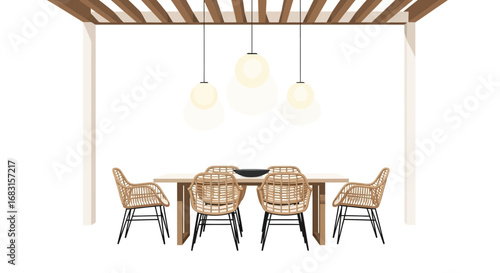 Stylish outdoor dining setup with rattan chairs and pendant lights