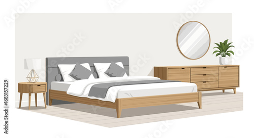 Stylized bedroom interior illustration with minimalist furniture design