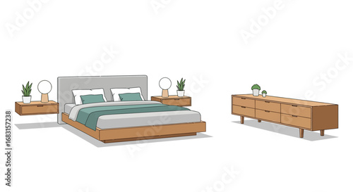 Stylized bedroom illustration with bed and dresser on an isolated background