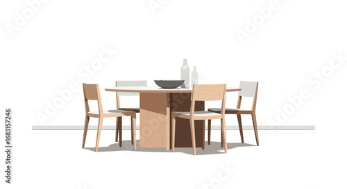 Stylized dining area scene with wooden table, chairs and some decorations