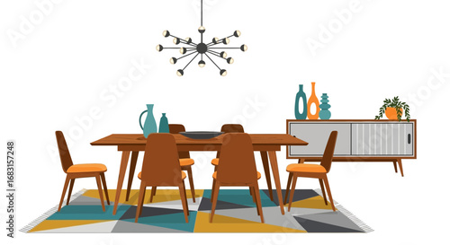 Stylized dining room interior with mid-century modern furniture elements