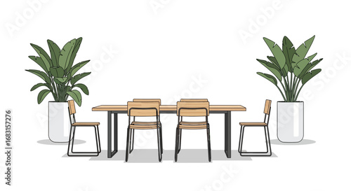 Stylized Dining Set Illustration with Potted Plants and Modern Flair