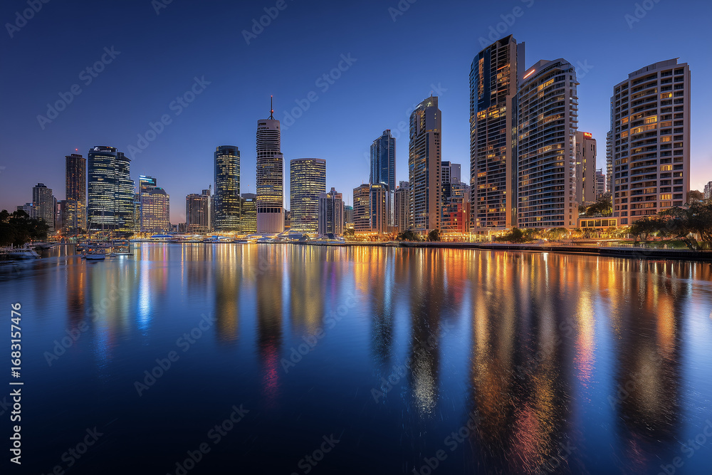 Fototapeta premium Skyline urbano al crepuscolo con grattacieli illuminati e riflessi colorati sull’acqua. Veduta panoramica moderna, perfetta per turismo, finanza, copertine, poster e progetti editoriali.
