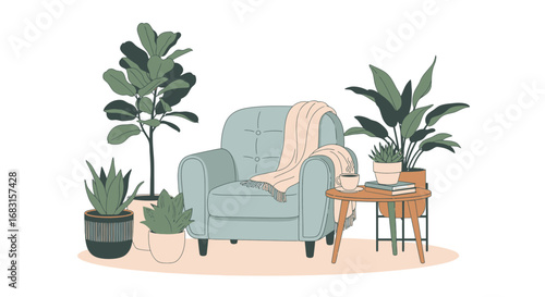 Stylized interior scene with armchair and plants for relaxation atmosphere
