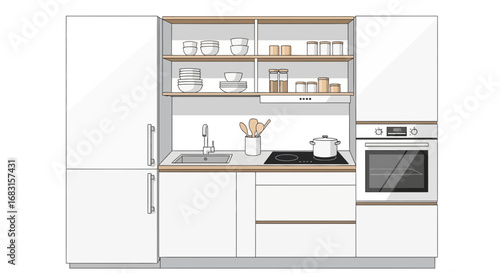 Stylized kitchen design with modern minimalist aesthetic and essential appliances