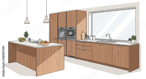 Stylized kitchen interior design illustration with island and natural light