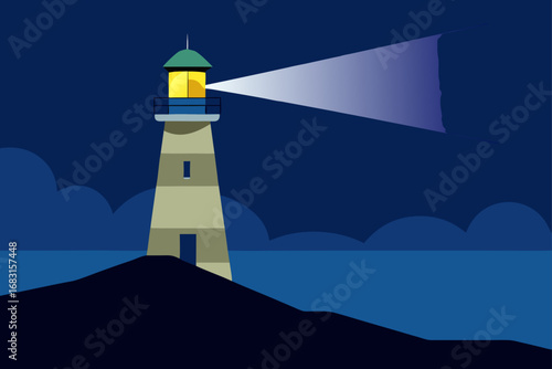 a rustic old lighthouse on a stormy night  casting