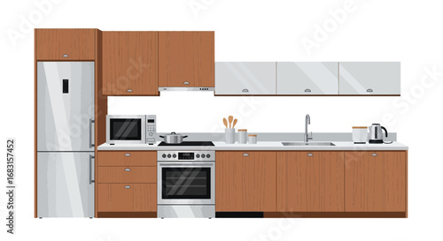 Stylized kitchen illustration, appliance and cabinet set with a modern design