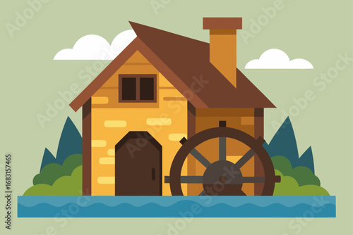 a rustic old millhouse with a water wheel turning 