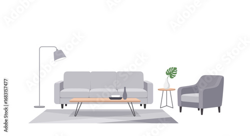 Stylized Living Room with Modern Furniture in Neutral Gray and Wood Tones