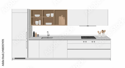 Stylized kitchen interior with a clean, minimalist design aesthetic illustration