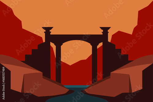 an ancient and crumbling bridge over a deep ravine