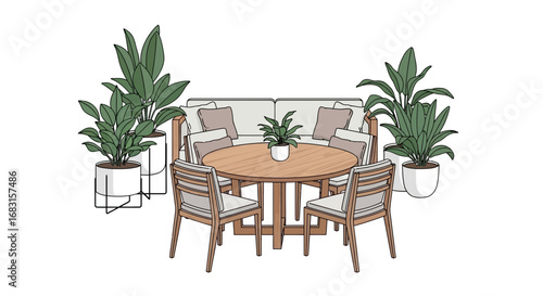 Stylized outdoor living space with natural wood furniture and greenery