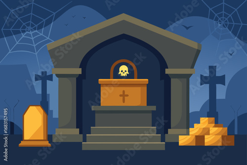 an ancient crypt with cobwebs and dusty artifacts 