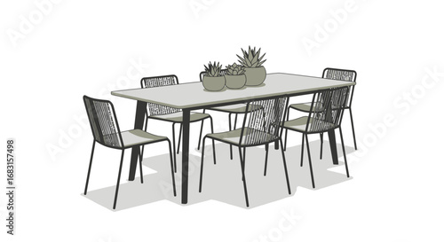 Stylized Patio Set Vector Illustration, Outdoor Dining with Succulents