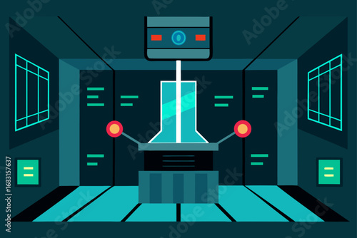 a futuristic prison cell with force fields and adv