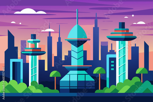 a futuristic cityscape with sky gardens and vertic
