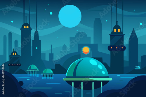 a futuristic underwater city with glowing domes an