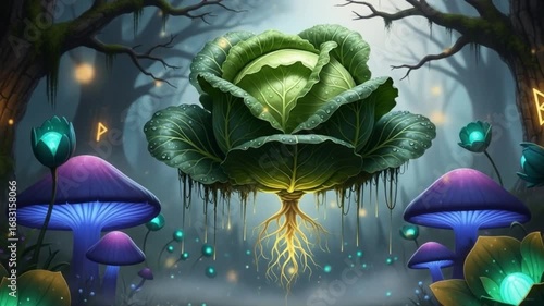 Magical Glowing Cabbage in Fantasy Forest with Neon Mushrooms