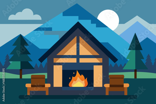 a cozy and rustic mountain lodge interior with a f