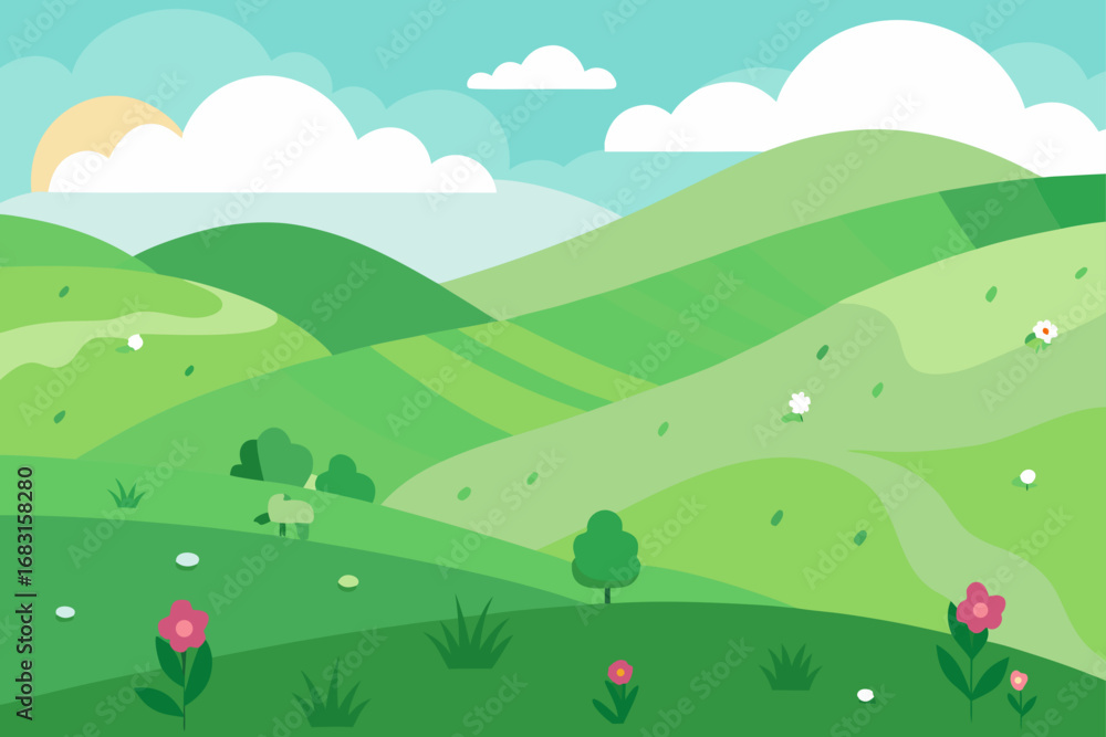 Fototapeta premium rolling green hills in springtime dotted with wil