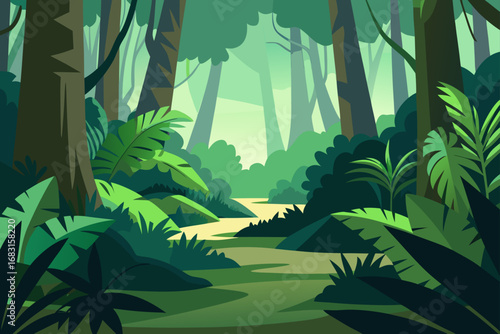 tropical rainforest floor with dense vegetation  f
