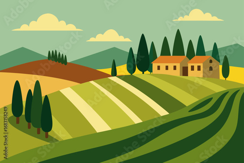 tuscan landscape with cypress trees  rolling hills