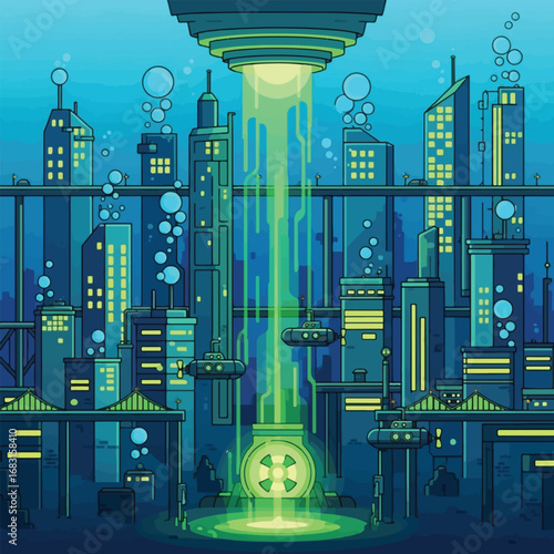 An underwater city with futuristic buildings, a green energy beam, and floating platforms.